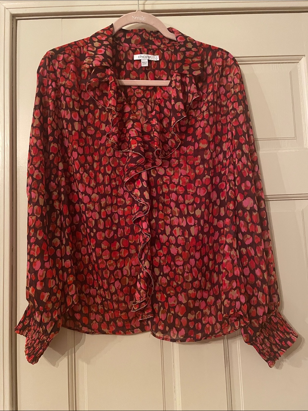 Chico's Ruffle-Front Blouse in Red and Pink Animal Print —Size 12